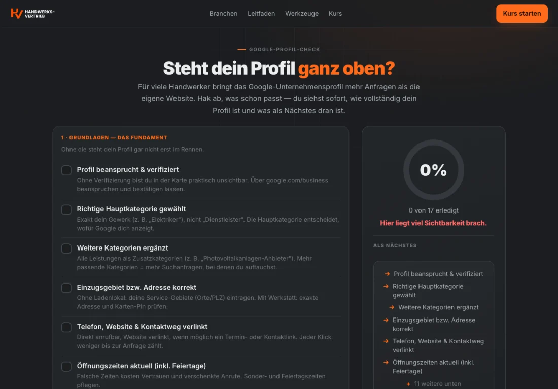 Google-Profil-Check: 17 Punkte und Score