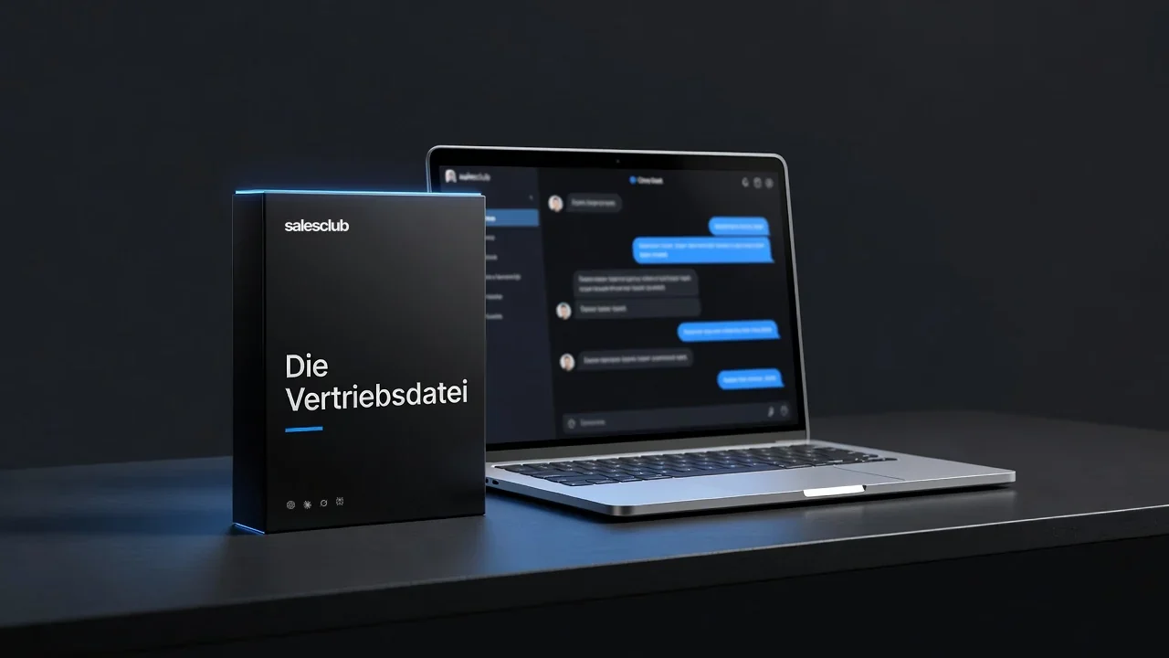 Die Vertriebsdatei als Produktbox neben einem Laptop mit KI-Chat